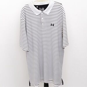 Under Armour heat gear loose fit polo style stripe shirt white, gray, & black XL
